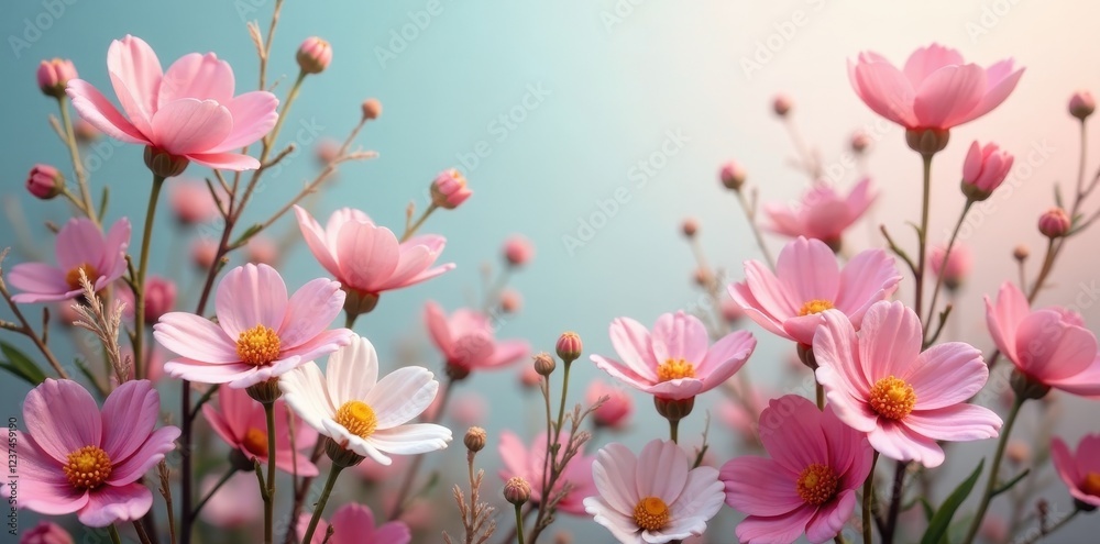 Delicate Pink Cosmos Blossoms in Soft Sunlight, a Serene Floral Display of Gentle Beauty and Tranquil Natural Elegance Delicate Pink Cosmos Blossoms in Soft Sunlight, a Serene Floral Display of Gentle Beauty and Tranquil Natural Elegance