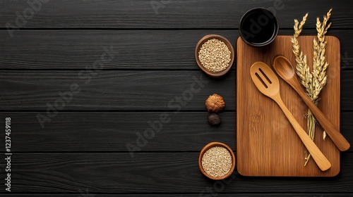 Culinary Essentials: A top-down shot of a meticulously arranged array of kitchenware, including a wooden cutting board, spoons, bowls, and grains, all set against a rich dark background. photo