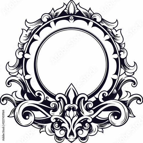 Intricate Vintage Decorative Frame with Elegant Floral Patterns and Symmetrical Baroque Design, Antique Ornate Frame with Detailed Filigree and Luxurious Black and White Artistry, Classic Decorative