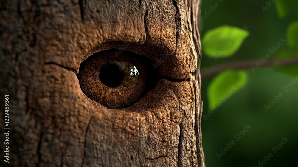 Guardian of the Forest: A tree trunk morphs into an observing eye, blending nature and imagination. the vibrant green leaves create a beautiful contrast, inviting introspection on life's connection. Guardian of the Forest: A tree trunk morphs into an observing eye, blending nature and imagination. the vibrant green leaves create a beautiful contrast, inviting introspection on life's connection.