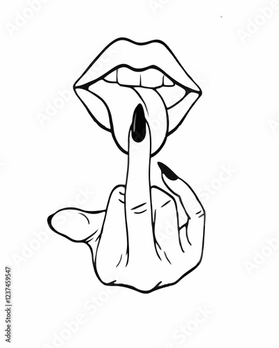 Bold Hand and Lips Gesture Illustrating Silence, Finger on Lips with Tongue Out, Minimalist Line Drawing of a 'Shh' Expression, Artistic Hand Gesture with Provocative Silent Symbolism