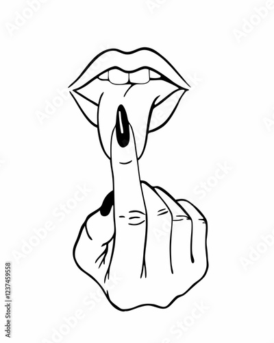 Bold Hand and Lips Gesture Illustrating Silence, Finger on Lips with Tongue Out, Minimalist Line Drawing of a 'Shh' Expression, Artistic Hand Gesture with Provocative Silent Symbolism