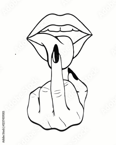Bold Hand and Lips Gesture Illustrating Silence, Finger on Lips with Tongue Out, Minimalist Line Drawing of a 'Shh' Expression, Artistic Hand Gesture with Provocative Silent Symbolism