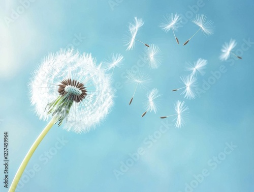 Close-up of dandelion seeds blowing against a soft blue background