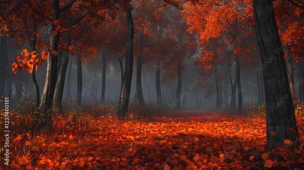 Red and Orange Autumn Leaves on Forest Floor with Early Morning Mist Red and Orange Autumn Leaves on Forest Floor with Early Morning Mist