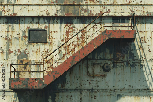 Rusty exterior stairs on aged industrial building photo