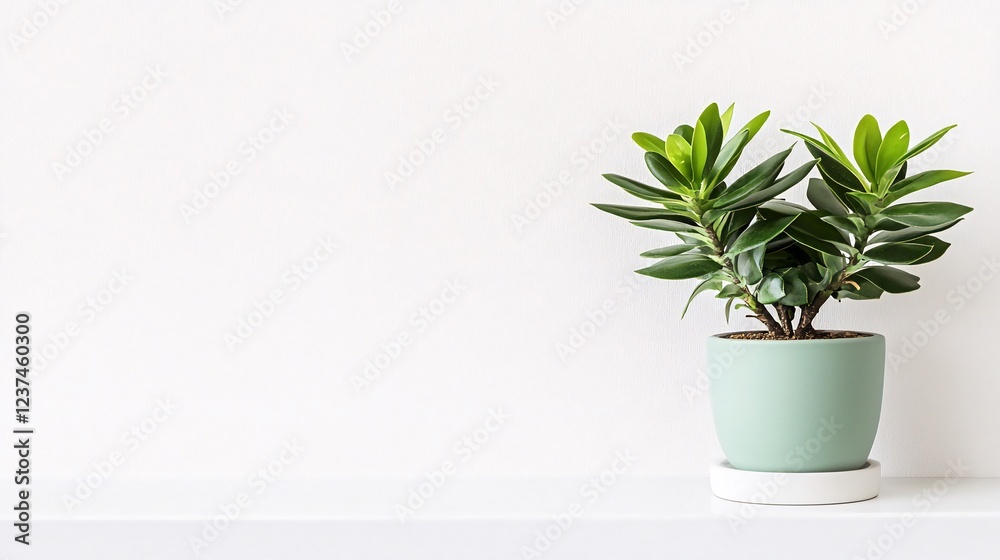 Green plant in pot on white shelf, minimalist home decor, bright background Green plant in pot on white shelf, minimalist home decor, bright background