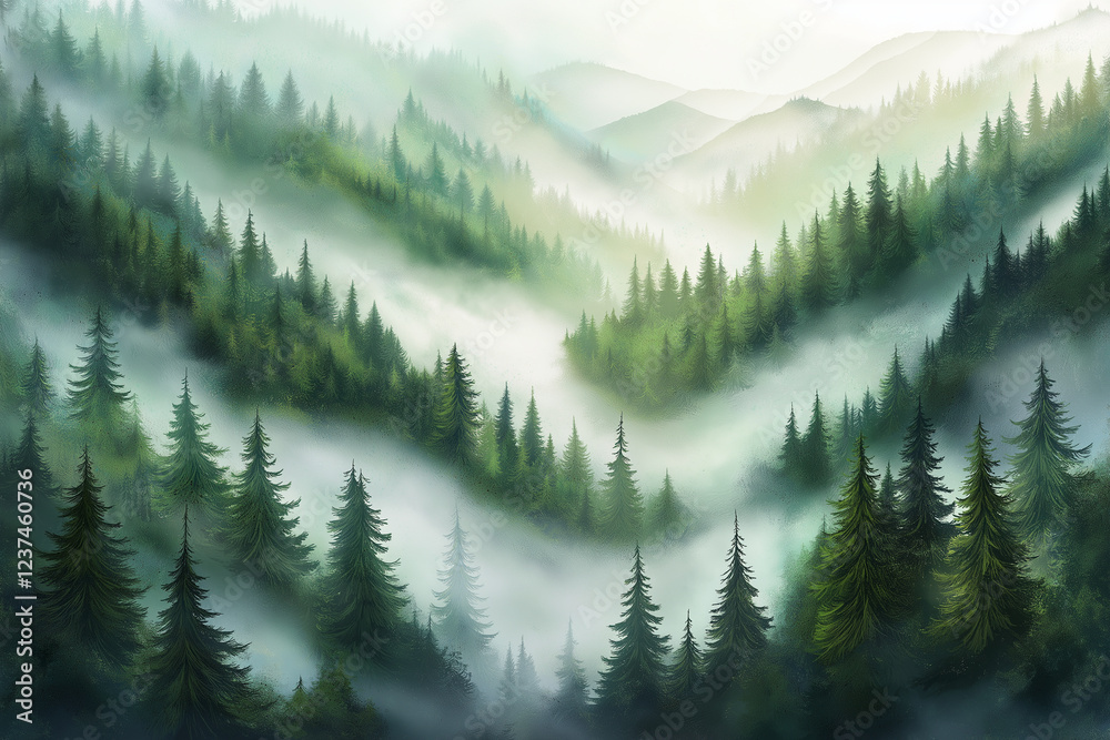 Fototapeta premium Misty landscape with fir forest. Misty pine forest during sunrise