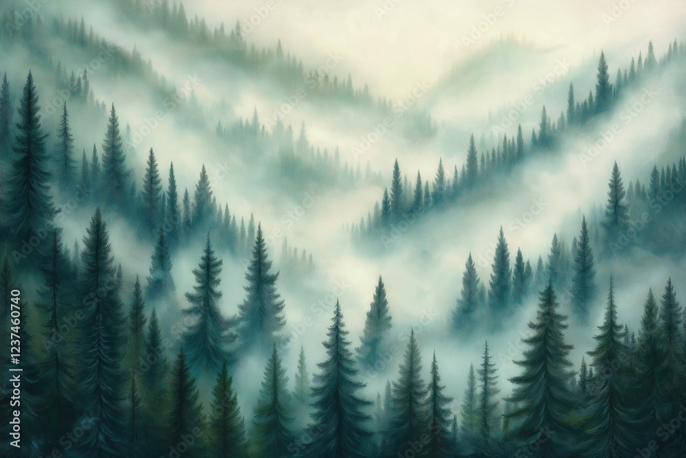 Fototapeta premium Misty landscape with fir forest. Misty pine forest during sunrise
