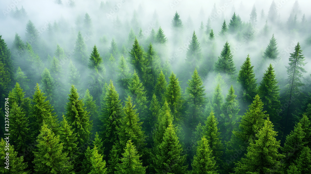 Fototapeta premium Misty landscape with fir forest. Misty pine forest during sunrise