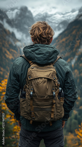 Solo Man Hiker, Mountaineer Looking Faraway in Scenic Mountain Landscape, Adventure & Travel Photography with Mobile Format
