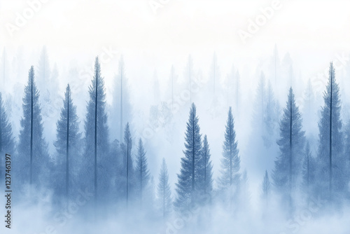 Misty landscape with fir forest. Misty pine forest during sunrise