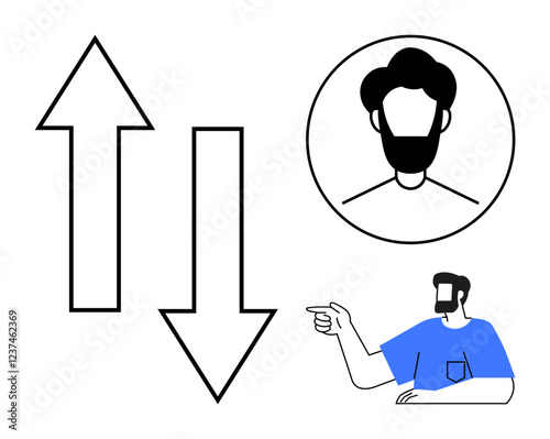 Two large black arrows, one pointing up and the other down. Bearded man in a circular frame and another pointing right. Ideal for direction, decision making, guidance, navigation, choices