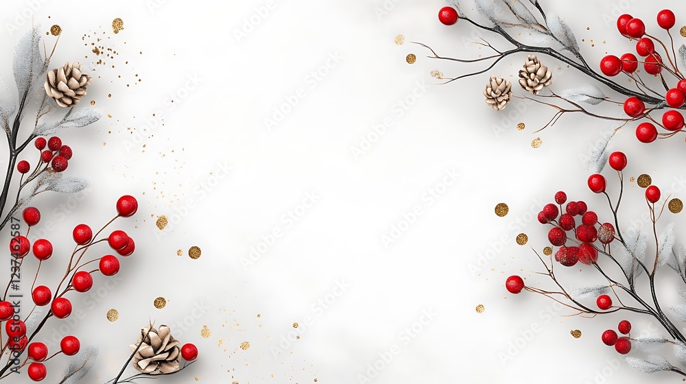 Festive Winter Branches with Red Berries and Pine Cones Festive Winter Branches with Red Berries and Pine Cones