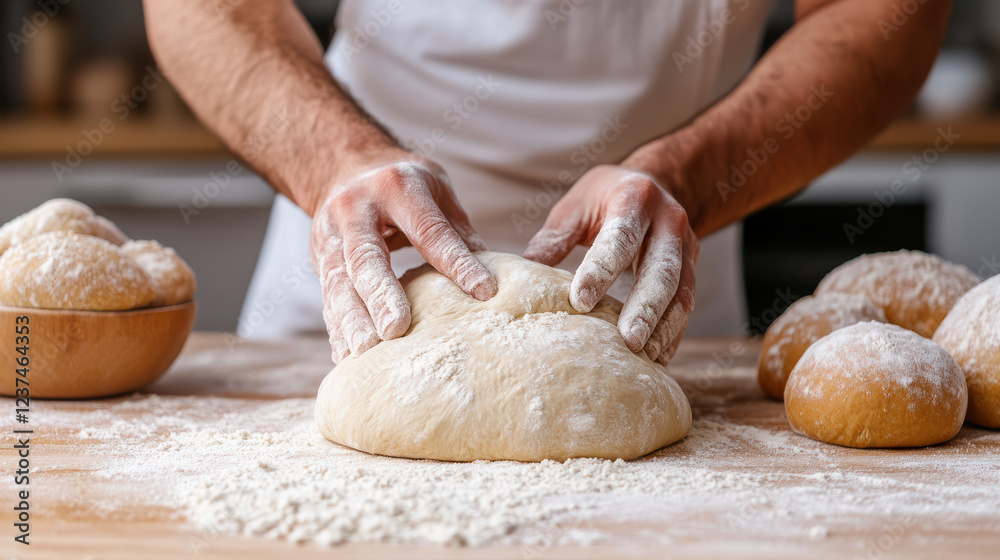 Kneading dough on flour dusted surface, baker creates fresh bread Kneading dough on flour dusted surface, baker creates fresh bread