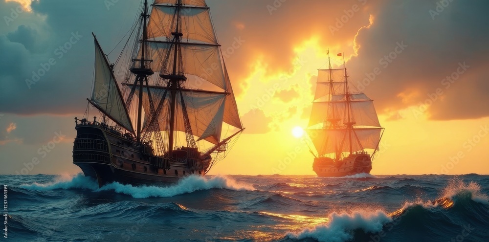Obraz premium Majestic sailing vessels navigate a vibrant sunset ocean, their white sails billowing in the golden light, creating a breathtaking maritime scene of adventure and exploration.