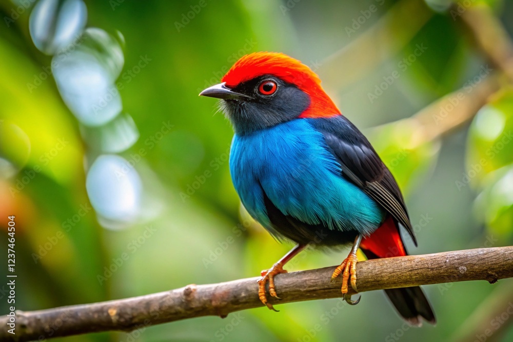 Swallow-tailed manakin on a tree branch Swallow-tailed manakin on a tree branch