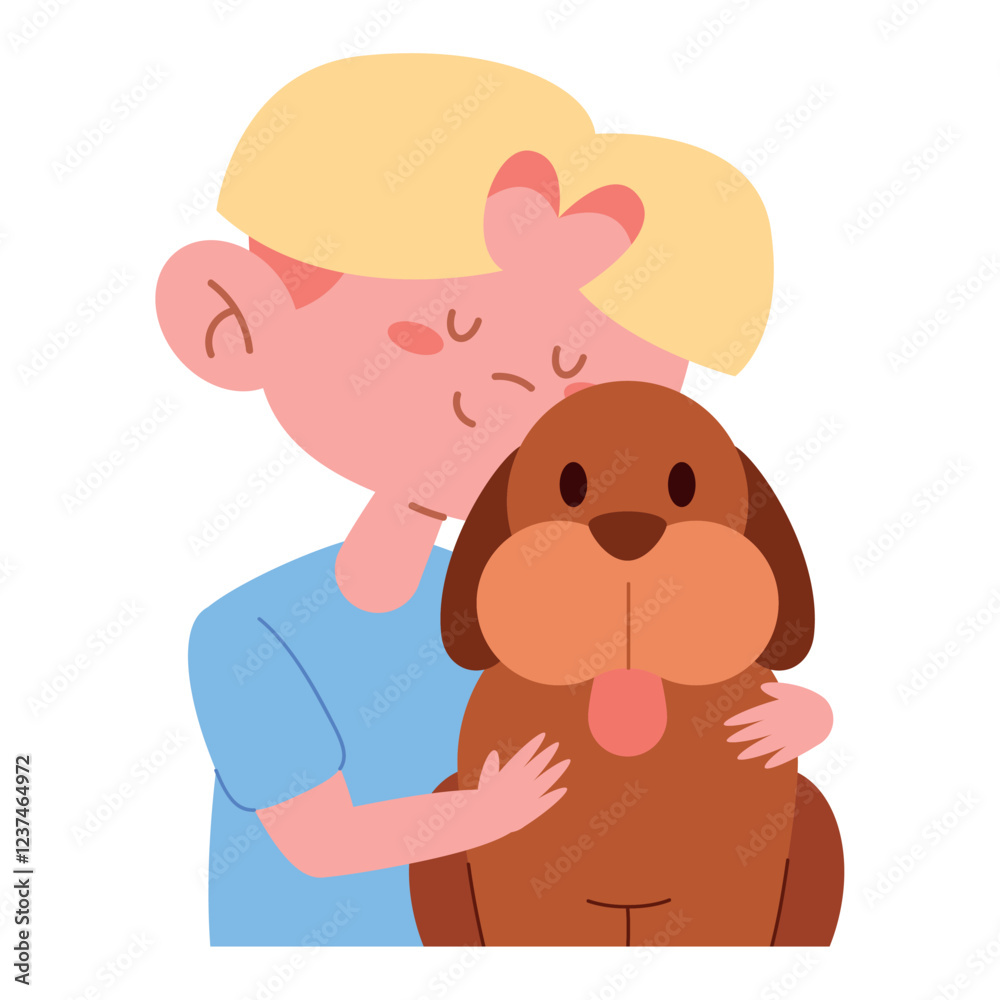 Obraz premium Boy cuddling a brown puppy with affection