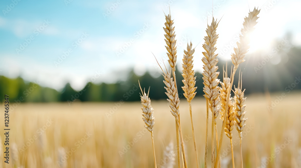 Fototapeta premium Golden wheat stalks sway gently in sunlit field, showcasing nature beauty