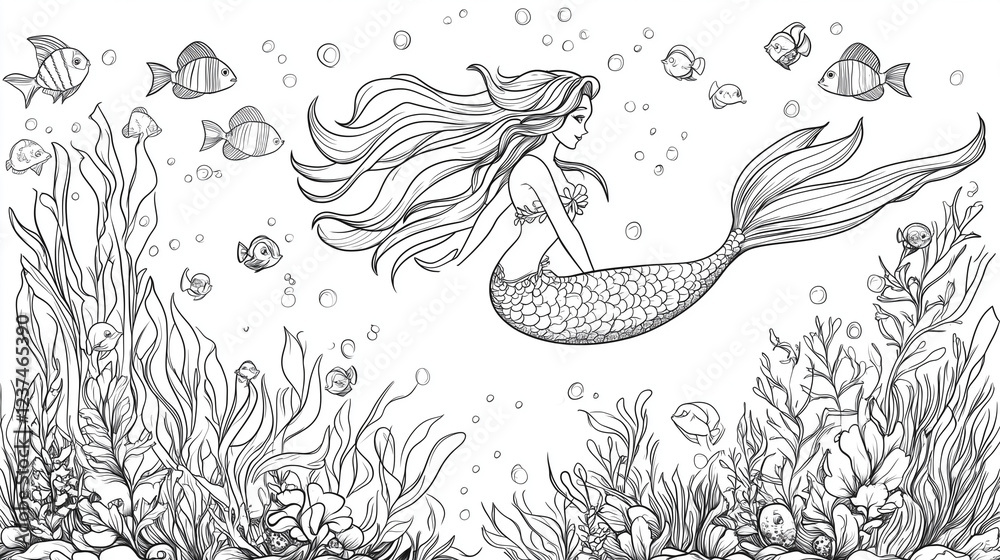 人魚の線画 ファンタジーな塗り絵 大人の塗り絵 子ども 海の中