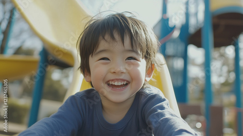 Obraz na płótnie 公園の遊具で遊ぶ笑顔な日本の幼児のクローズアップ 3歳、4歳、5歳 幼稚園児 アジア人 w salonie