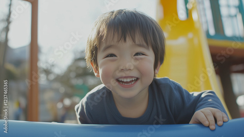 Obraz na płótnie 公園の遊具で遊ぶ笑顔な日本の幼児のクローズアップ 3歳、4歳、5歳 幼稚園児 アジア人 w salonie