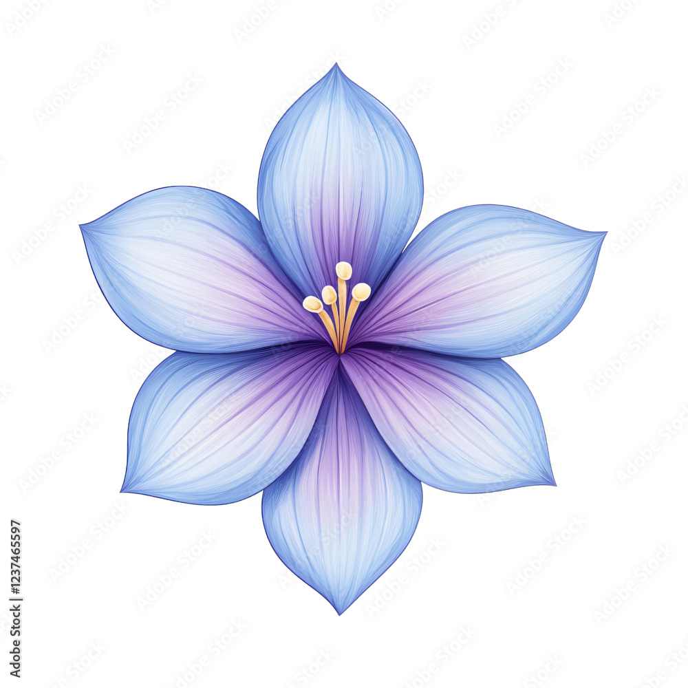 Blue Flower Illustration: A delicate blue flower with a purple center blooms against a white background, showcasing intricate detail in its petals and delicate stamens. Blue Flower Illustration: A delicate blue flower with a purple center blooms against a white background, showcasing intricate detail in its petals and delicate stamens.
