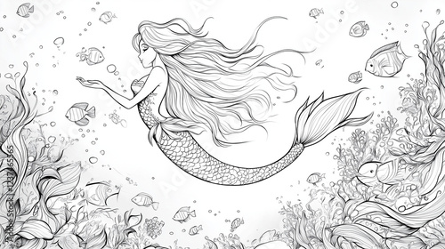 人魚の線画　ファンタジーな塗り絵　大人の塗り絵　子ども　海の中