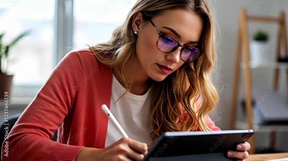 Focused Young Woman Using Digital Tablet with Stylus, Working on a Project Efficiently in Her Home Office; Woman Works Productively on Tablet with a Pen, Concentrating on Her Tasks in a Bright Room Focused Young Woman Using Digital Tablet with Stylus, Working on a Project Efficiently in Her Home Office; Woman Works Productively on Tablet with a Pen, Concentrating on Her Tasks in a Bright Room