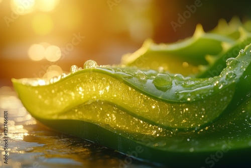 Fresh Aloe Vera Leaf Slices with Dew Drops Golden Hour Sunlight Close up Macro Photography