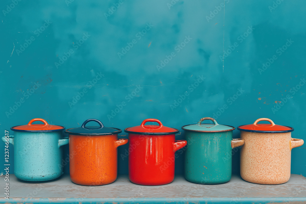Colorful Enamel Pots on a Shelf Against a Blue Wall Colorful Enamel Pots on a Shelf Against a Blue Wall