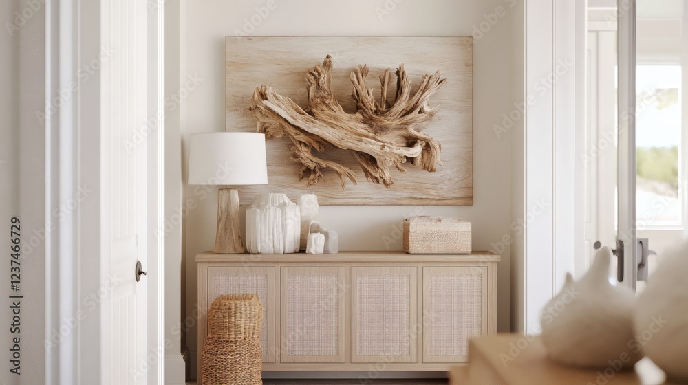 Coastal Chic Living Room Decor Driftwood Art, Neutral Tones, and Textured Accents