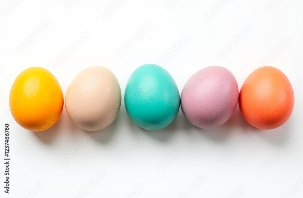 multicolored chicken eggs in a row on a white background with copy space and place for text. Easter banner or food theme multicolored chicken eggs in a row on a white background with copy space and place for text. Easter banner or food theme