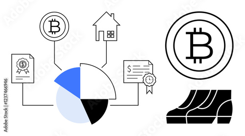 Bitcoin symbol connected to pie chart, house, certificates, and digital elements. Ideal for finance, technology, investment, real estate education digital security economic growth. Abstract line photo