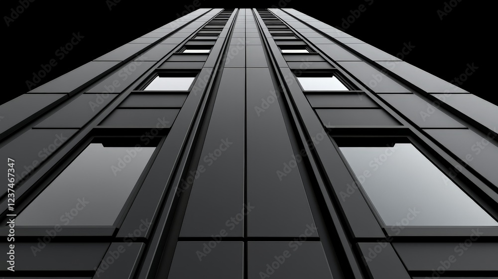 Dark Skyscraper: A dramatic low-angle shot of a sleek, modern skyscraper, its dark facade reflecting the night sky, emphasizing the building's imposing height and architectural details. Dark Skyscraper: A dramatic low-angle shot of a sleek, modern skyscraper, its dark facade reflecting the night sky, emphasizing the building's imposing height and architectural details.