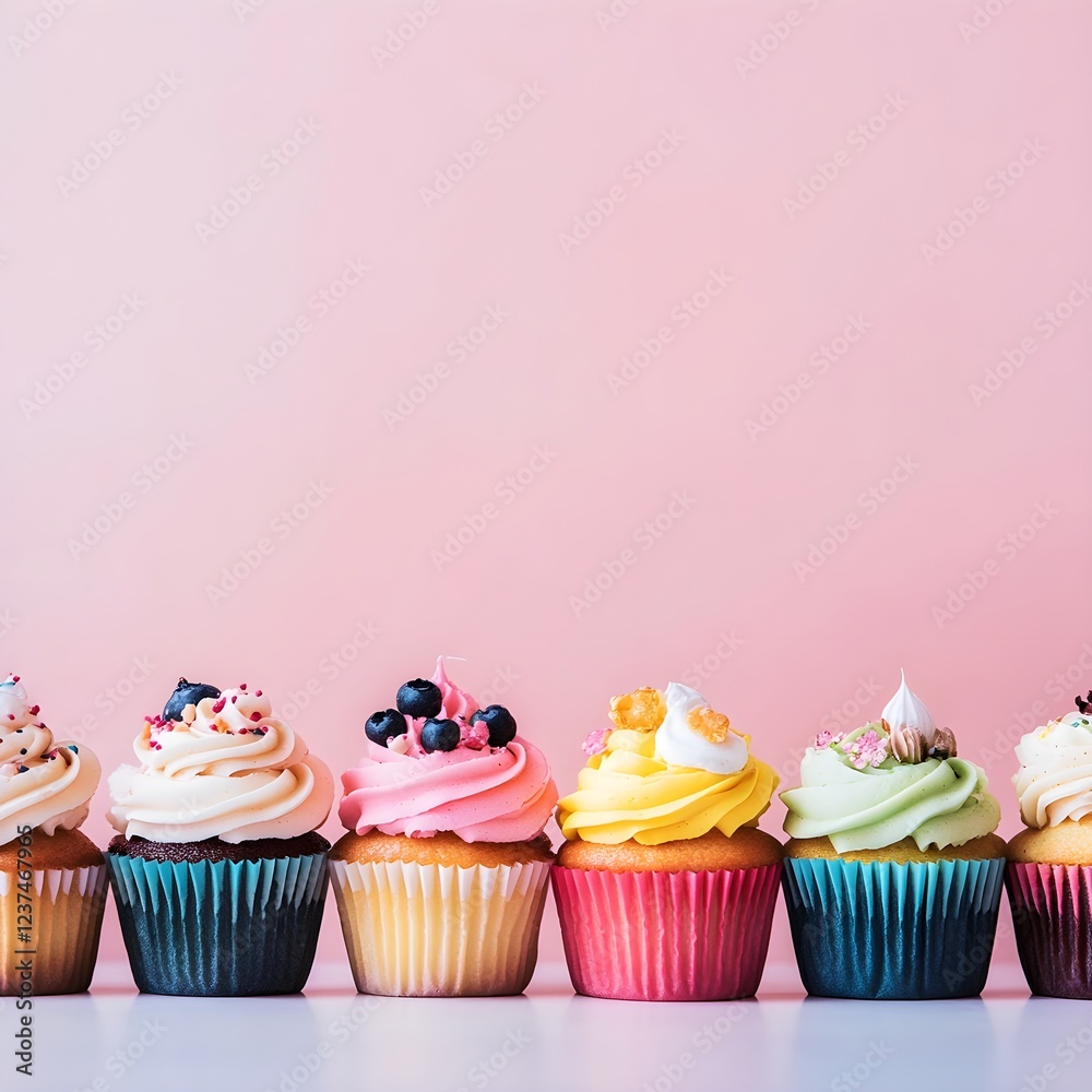Colorful Cupcakes with Frosting and Toppings on a Pink Surface Colorful Cupcakes with Frosting and Toppings on a Pink Surface