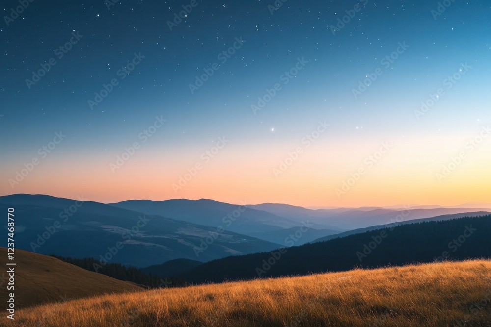 Obraz premium Twilight horizon over serene mountain landscape with starry sky