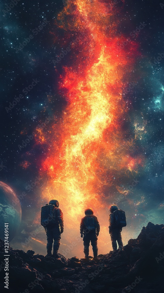 Fototapeta premium Astronauts gazing at a vibrant cosmic phenomenon at night