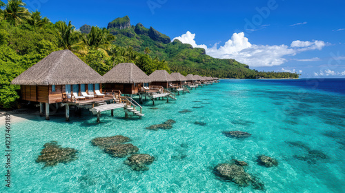 Tropical island with overwater bungalows and crystal clear water