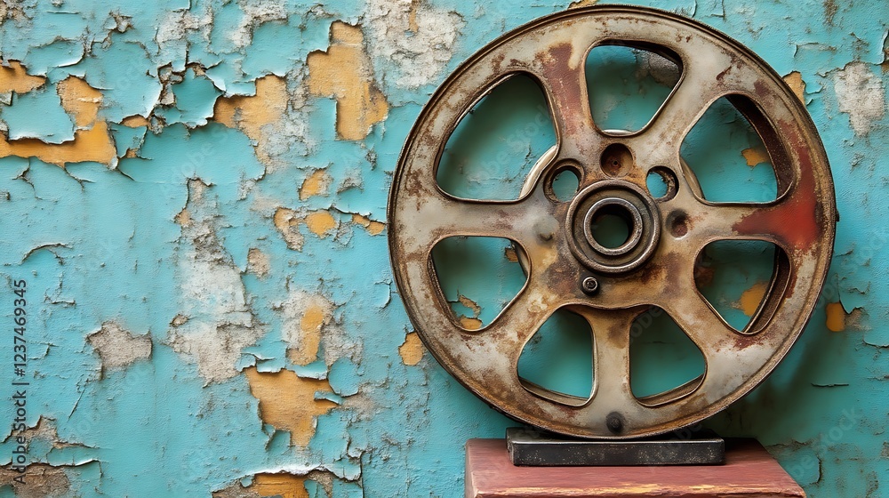 Obraz premium Rustic Aged Metal Film Reel Against Peeling Paint
