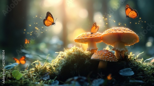 Mushrooms in the forest, butterflies fluttering around them, sunlight shining through, macro photography, fantasy style, high resolution, photo