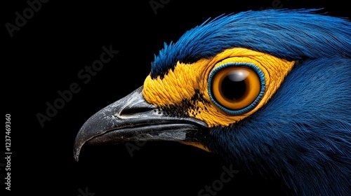 Vivid Blue and Gold: A close-up portrait of a vibrant blue bird, with striking yellow accents around its eye,  its beak is sharply defined against a stark black backdrop.