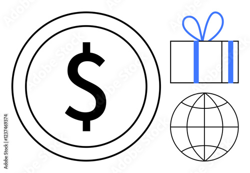 Dollar sign coin, wrapped gift, and globe symbolizing global trade, charity, and financial exchanges. Ideal for e-commerce, international trade, finance, gifting fundraising global organizations photo