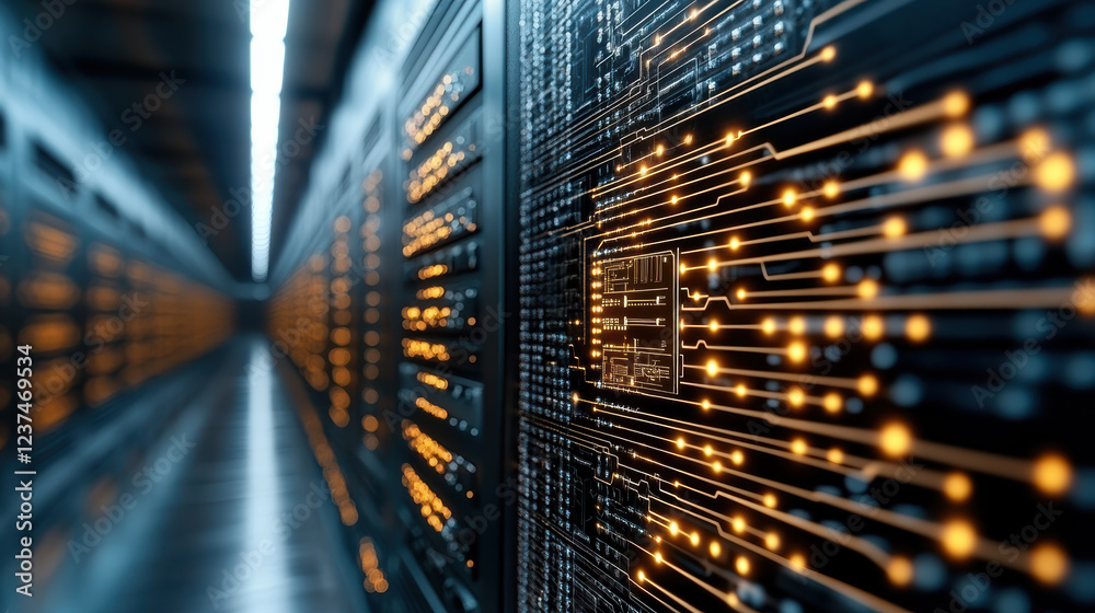 High tech server room with glowing circuit boards and data connections