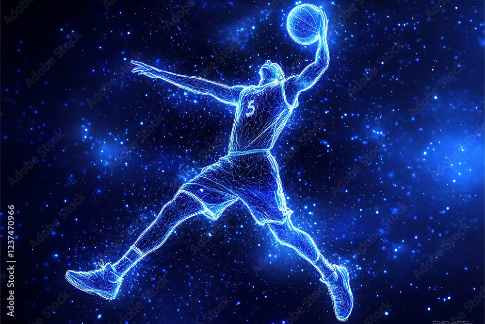 Fototapeta premium Dynamic glowing wireframe of a basketball player in action