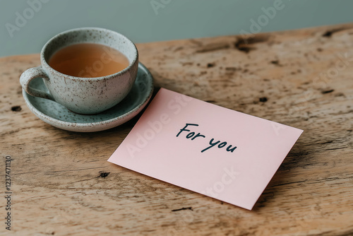 A cup of tea and a pink note saying 'For you' on a wooden table
