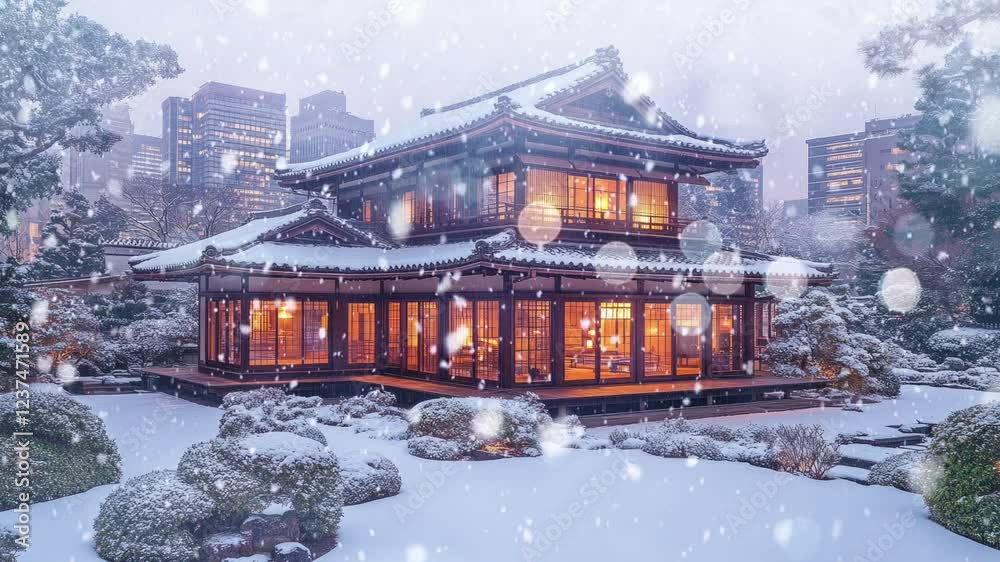 A serene snowy scene featuring a traditional Japanese building amidst a winter landscape. Seamless looping 4k video background 