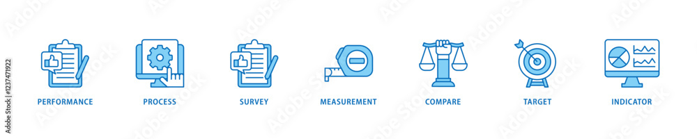 Fototapeta premium Benchmarking icon set flow process which consists of performance, process, survey, measurement, compare, target, and indicator icon live stroke and easy to edit .