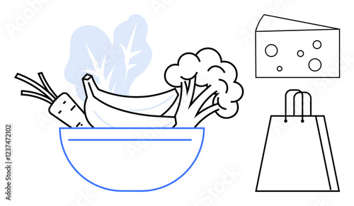 Fresh vegetables and fruits in bowl with leafy greens, broccoli, carrots, bananas, cheese block, and shopping bag. Ideal for grocery shopping, healthy eating, meal planning nutrition guides food