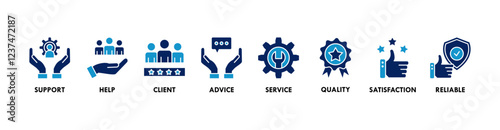 Customer care banner web icon vector illustration concept for customer support and telemarketing service with an icon of help, client, advice, chat, service, reliability, quality, and satisfaction